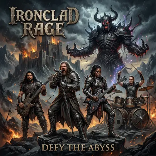 Dark Souls Style Album Cover with Metal Musicians and Giant Villain