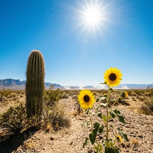 Intense Heat: Sunflowers and Cactus in Hot Summer Day