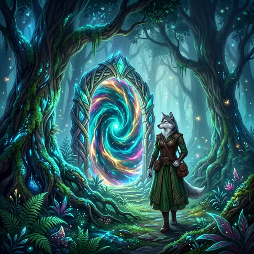 Enchanting Mystical Forest with Glowing Portal and Female Wolf