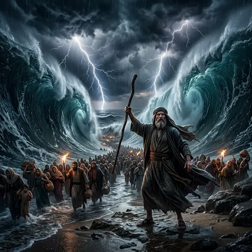 Moses at the Red Sea: A Hyper-Realistic Artwork