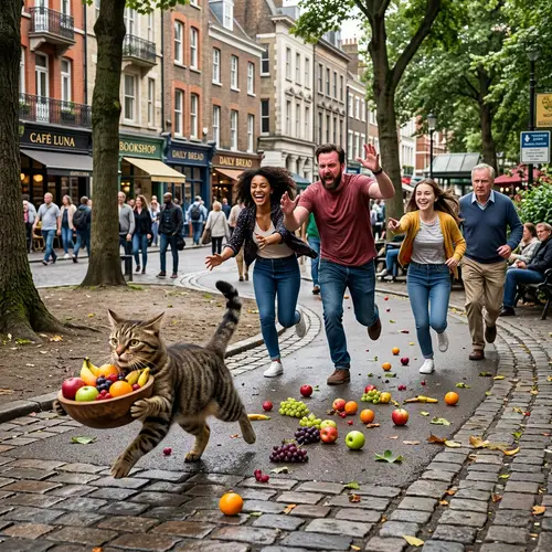 Chasing the Frisky Tabby Cat with Fruits