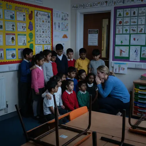Diverse Primary School Students Perform Safety Lockdown Drill