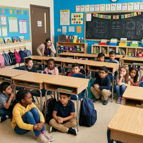 Diverse Primary School Students Engage in Safety Lockdown Drill