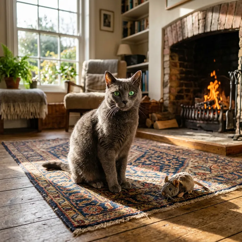 Domestic Bliss: Grey Cat on Vintage Rug | Sunlit Scene Domestic Bliss: Grey Cat on Vintage Rug | Sunlit Scene