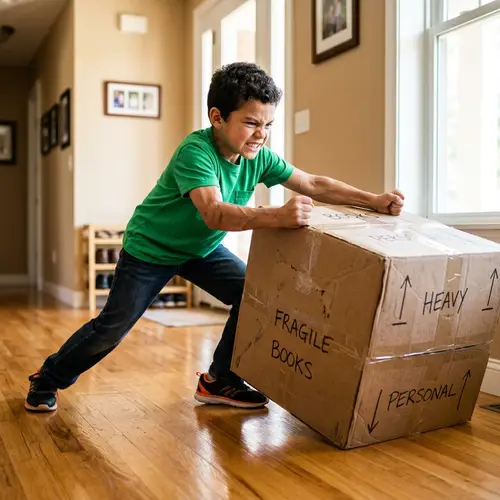Hispanic Boy Exerting Strength to Move Cardboard Box | Action Image