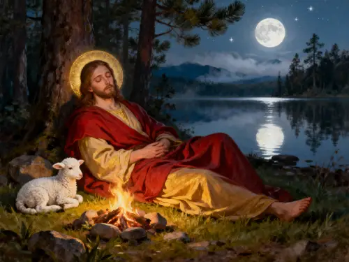 Jesus by the Campfire: A Serene Oil Painting