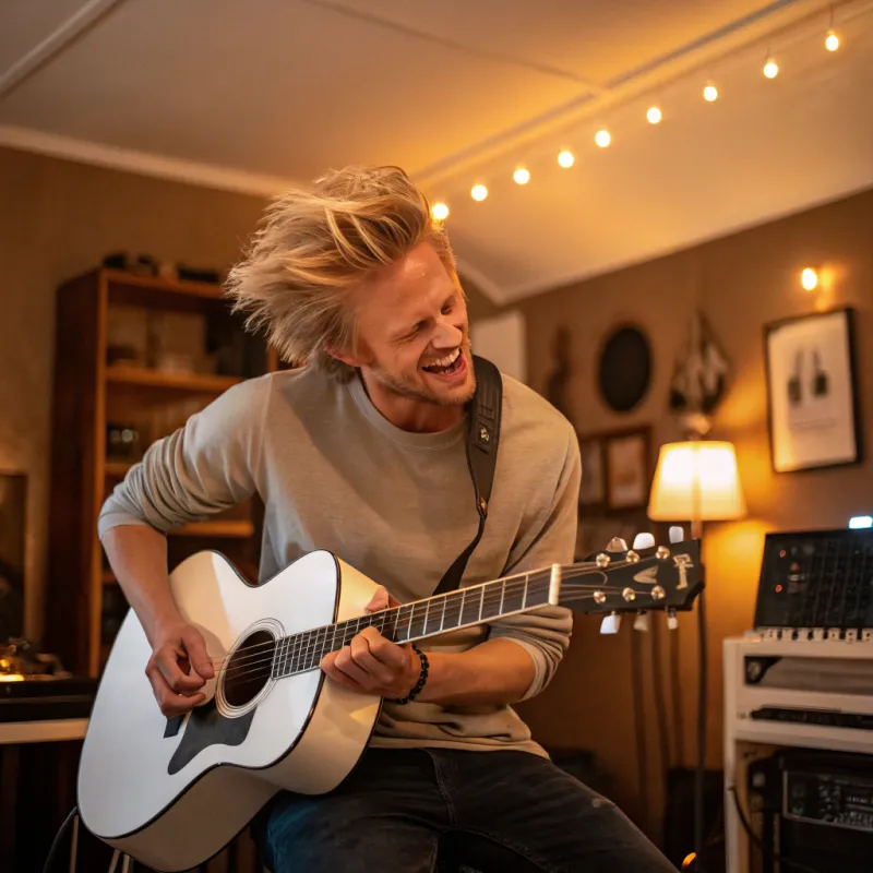 Dynamic Blonde Man with Guitar in Cozy Home Studio