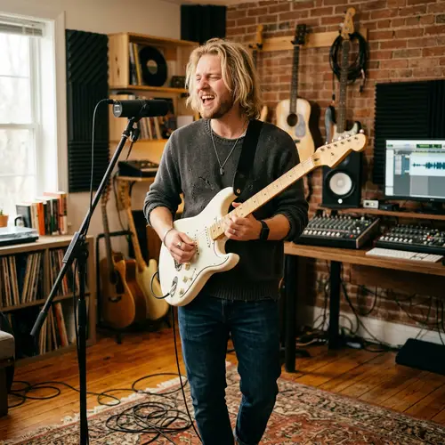 Dynamic Blonde Man with Guitar in Cozy Home Studio