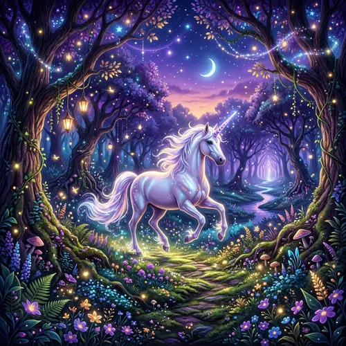 Mystical Twilight Forest with Majestic Unicorn Art