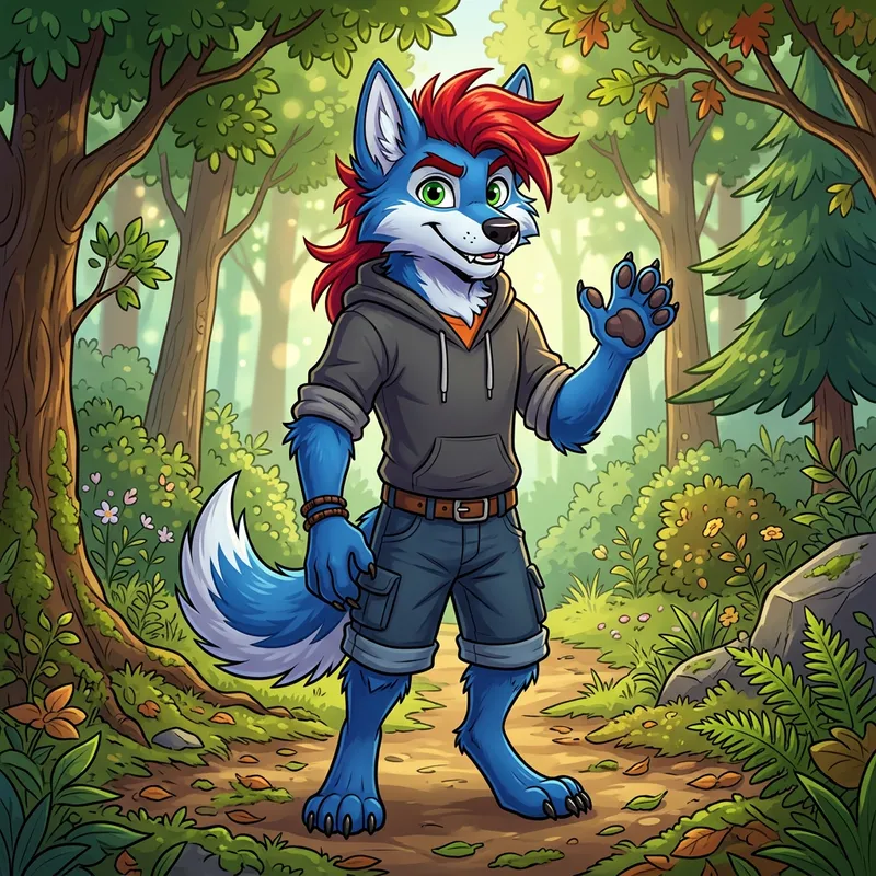 Cartoon Furry Blue Wolf with Red Hair and Green Eyes