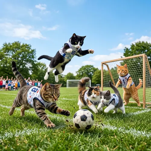 Playful Cats in Soccer Game - Dynamic Feline Action on Field