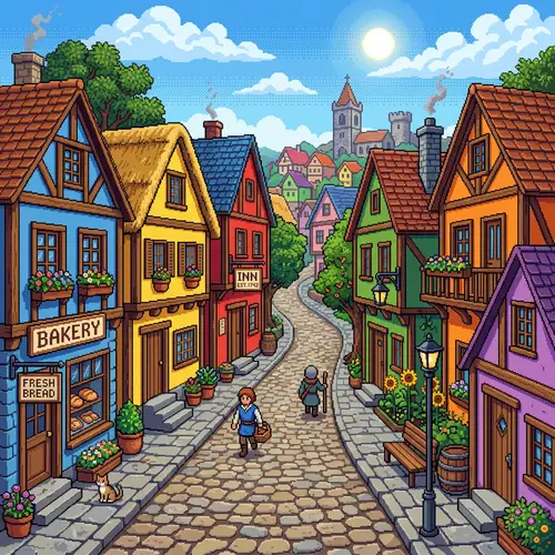 Colorful Pixel Art Street with Cobblestones