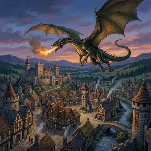 Dragon Flying Over Town - Mystical Encounter