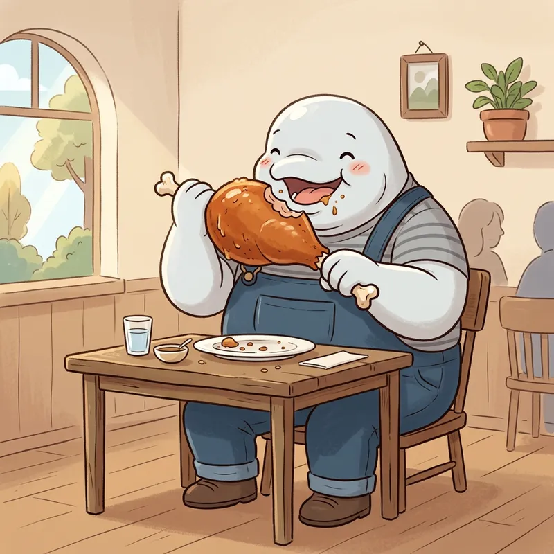 Joyful Feast: Cartoon Man Devours Turkey Drumstick Joyful Feast: Cartoon Man Devours Turkey Drumstick