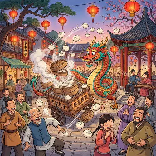 Playful Chinese Dragon Creating Chaos in Traditional Courtyard