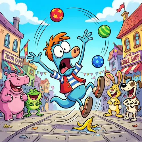 Cartoon character slips on a banana peel while juggling balls