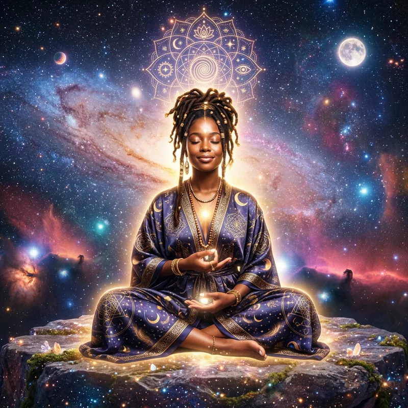 Black Woman Enlightenment in Celestial Background