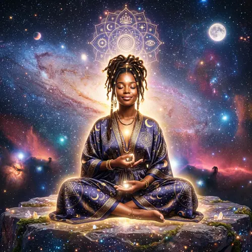 Black Woman Enlightenment in Celestial Background