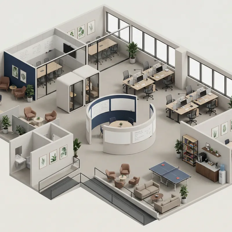 Modern Startup Floor Plan Design with Collaborative Spaces and Serene Zones Modern Startup Floor Plan Design with Collaborative Spaces and Serene Zones