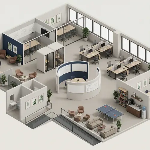 Modern Startup Floor Plan Design with Meeting Rooms and Quiet Zones