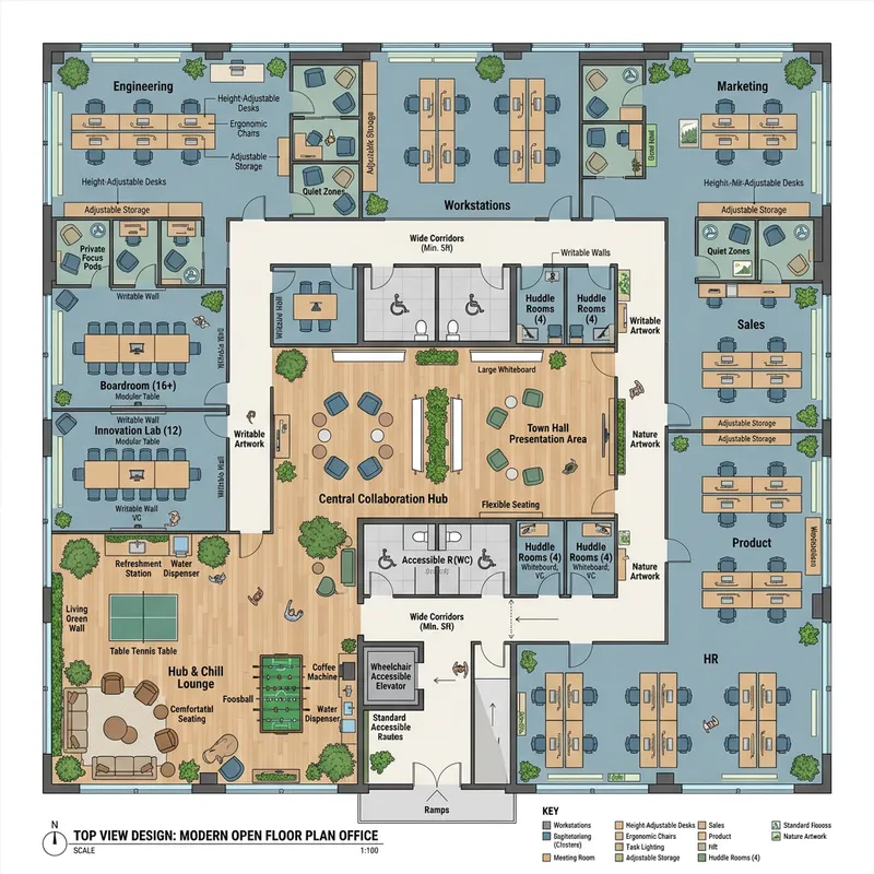 Innovative Open Floor Plan Office Design with Collaborative Spaces