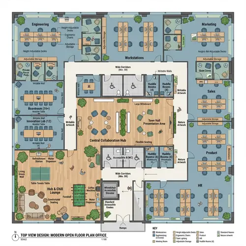 Open Floor Plan Office Design with Meeting Rooms, Quiet Zones, and Recreational Lounge