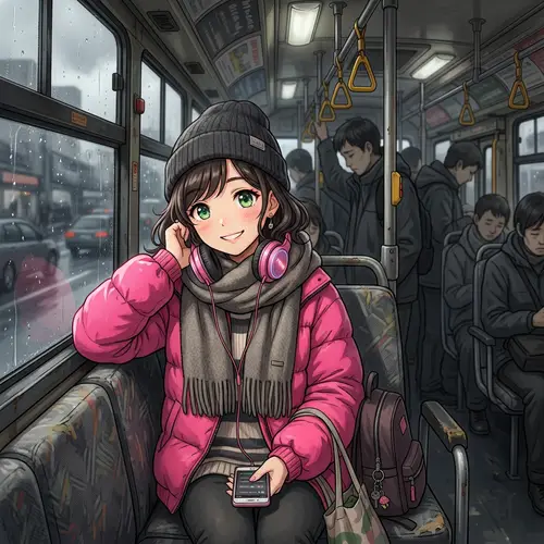 Anime Girl with Green Eyes in Bus - Stylish Contrast