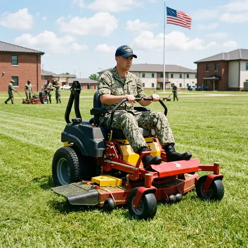 Navy Sailor Mowing Grass on Zero Turn Mower