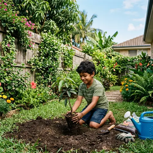 Young South Asian Boy Planting Tree | Backyard Gardening