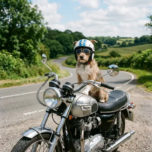 Funny Dog in Striped Helmet on Motorcycle | Outdoor Scene