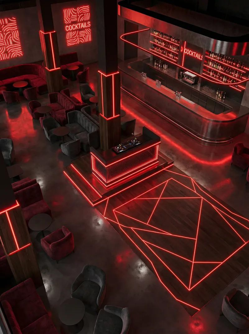 Modern 303m2 Cocktail Bar with DJ Booth & Neon Lights