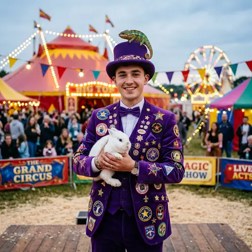 Young Magician in Vibrant Purple Suit - Circus Magic