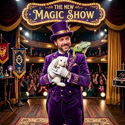 Magician in Purple Suit with Rabbit - The New Magic Show
