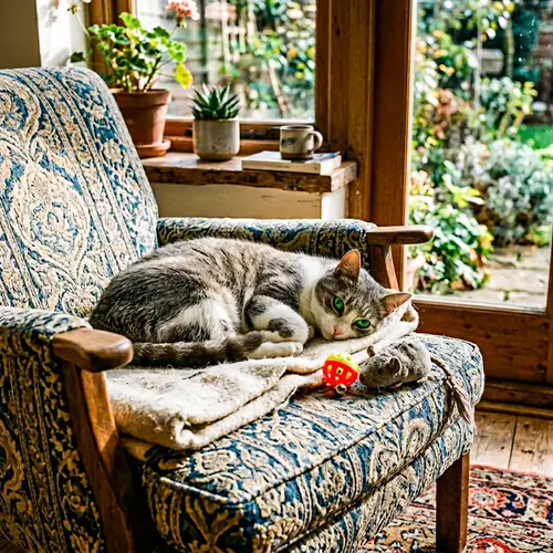Grey and White Cat Relaxing on Armchair in Sunlight