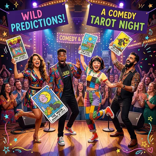 Colorful Comedians Perform with Oversized Tarot Cards
