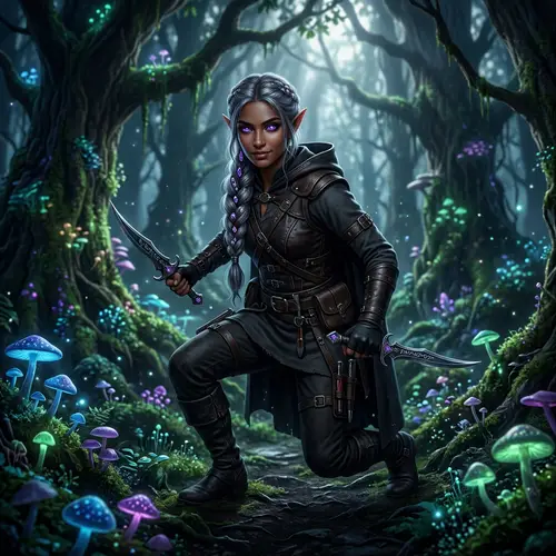 South Asian Female Elf Rogue Dagger Warrior in Magical Forest