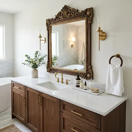 Modern Tranquil Bathroom Vanity | White & Brown Color Scheme