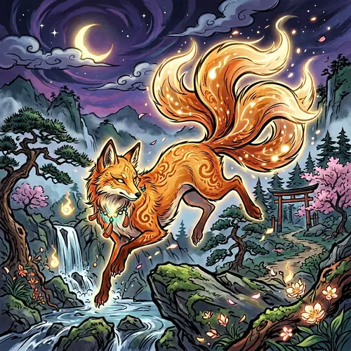 Majestic Mythical Fox with Three Tails | Japanese Art Style