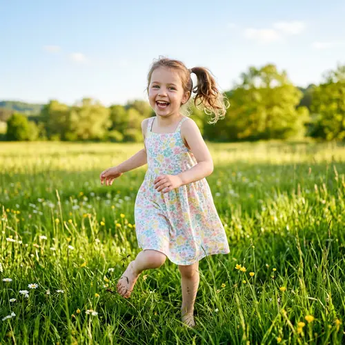 Young Caucasian Girl Playing in Lush Green Field