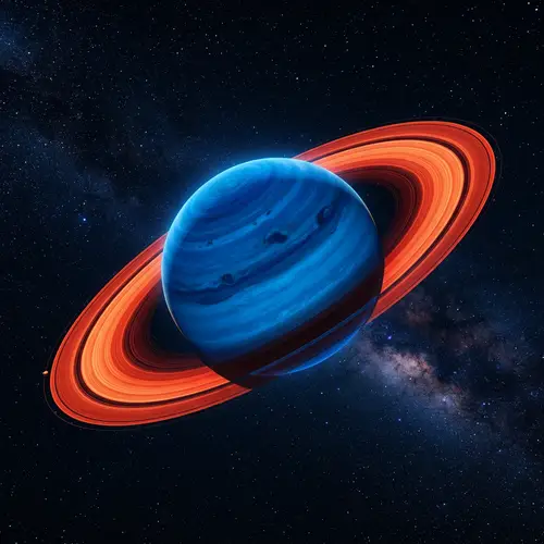 Blue Saturn with Vermilion Rings - Celestial Beauty in Uncommon View