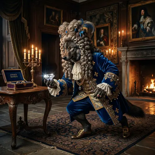 Villainous Wolf in King Louis XIV Attire Stealing Diamond