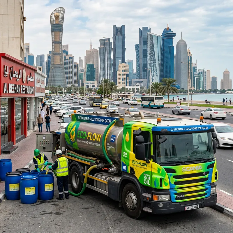 Eco-Friendly Truck Collecting Used Cooking Oil in Vibrant Doha
