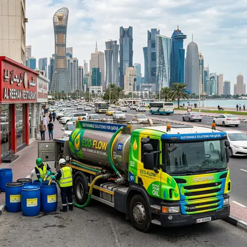 Modern Commercial Truck Collecting Used Cooking Oil in Vibrant Doha Cityscape