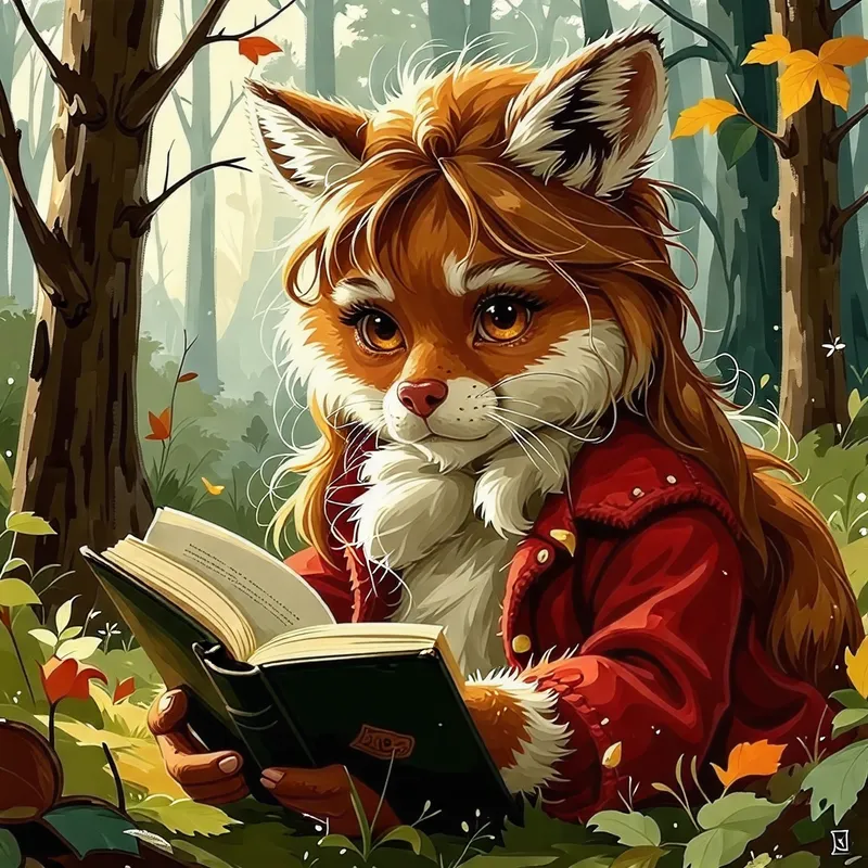 Furry Girl Reading a Book in the Forest