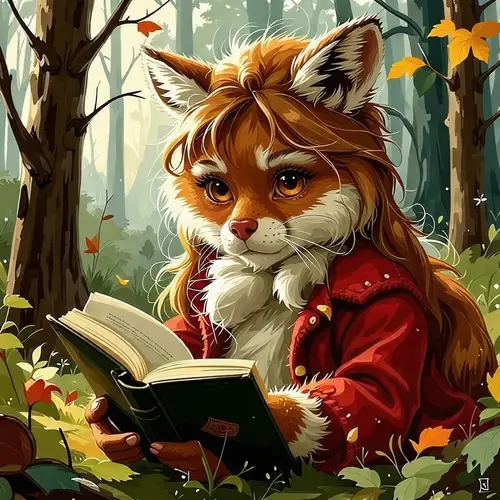 Furry Girl Reading a Book in the Forest