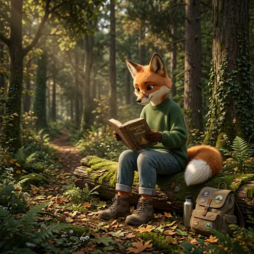 Furry Girl Reading a Book in the Forest