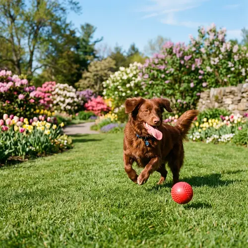 Cheerful Dog Playing with Red Ball in Sunny Garden
