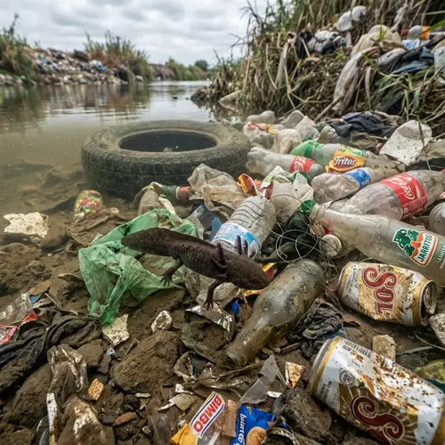 Axolotl in River Surrounded by Trash