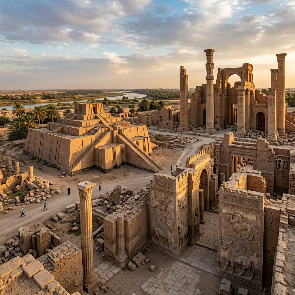 Discover Ancient Babylon: Majestic Ruins & Pillars Reaching Sky