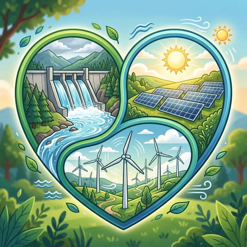Heart of Renewable Energy: Water, Solar, Wind Icons